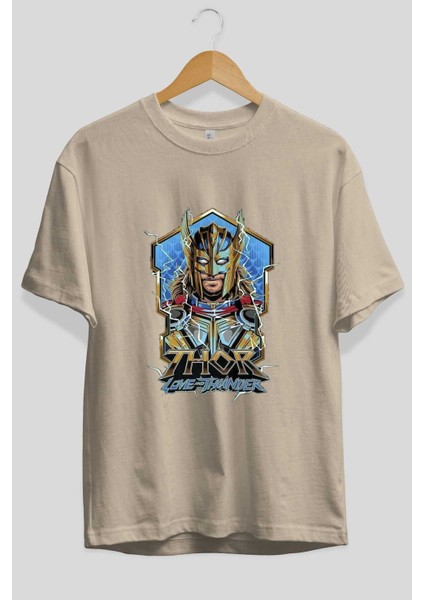 Thor Love And Thunder Ön Baskılı Bej Oversize T-Shirt Bisiklet Yaka Pamuk Erkek Kadın fiyatları