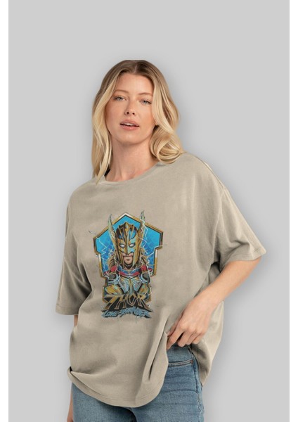 Thor Love And Thunder Ön Baskılı Bej Oversize T-Shirt Bisiklet Yaka Pamuk Erkek Kadın fırsatları