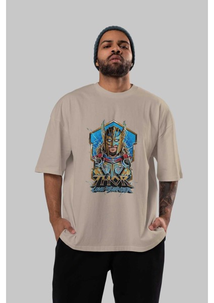 Thor Love And Thunder Ön Baskılı Bej Oversize T-Shirt Bisiklet Yaka Pamuk Erkek Kadın indirimleri