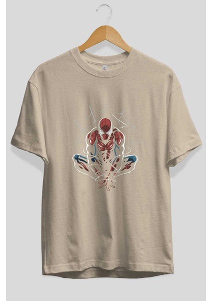 Spiderman (15) Ön Baskılı Bej Oversize T-Shirt Bisiklet Yaka Pamuk Erkek Kadın fiyatları