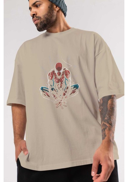 Spiderman (15) Ön Baskılı Bej Oversize T-Shirt Bisiklet Yaka Pamuk Erkek Kadın modelleri