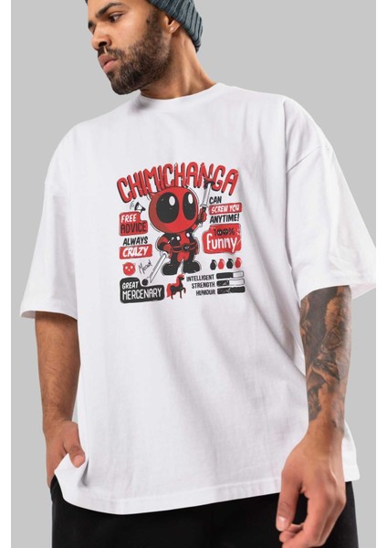 Deadpool (9) Ön Baskılı Beyaz Oversize T-Shirt Bisiklet Yaka Erkek Kadın modelleri