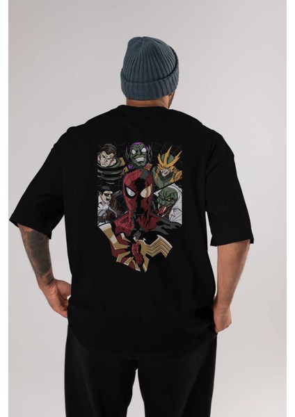Spiderman (31) Arka Baskılı Siyah Oversize T-Shirt Bisiklet Yaka Pamuk Erkek Kadın