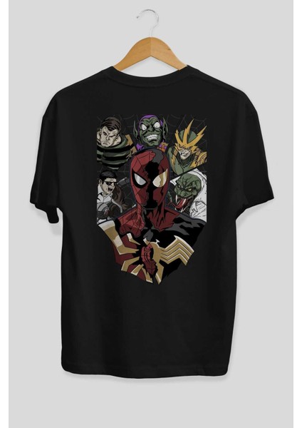 Spiderman (31) Arka Baskılı Siyah Oversize T-Shirt Bisiklet Yaka Pamuk Erkek Kadın fiyatları