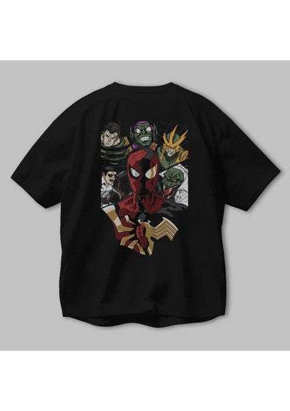 Spiderman (31) Arka Baskılı Siyah Oversize T-Shirt Bisiklet Yaka Pamuk Erkek Kadın modelleri