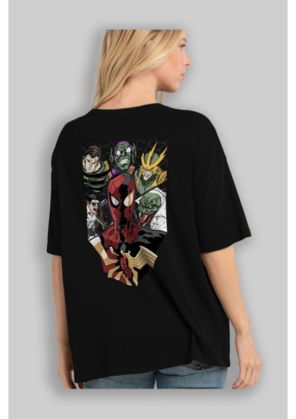 Spiderman (31) Arka Baskılı Siyah Oversize T-Shirt Bisiklet Yaka Pamuk Erkek Kadın fırsatları