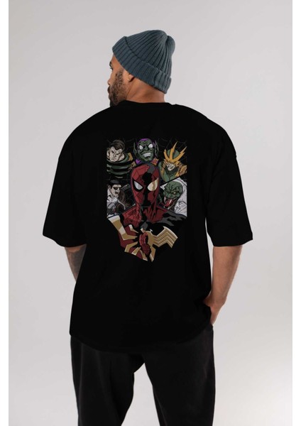 Spiderman (31) Arka Baskılı Siyah Oversize T-Shirt Bisiklet Yaka Pamuk Erkek Kadın indirimleri