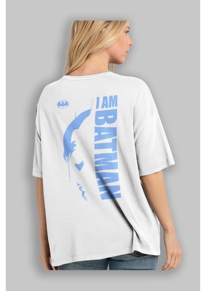Batman (15) Arka Baskılı Beyaz Oversize T-Shirt Bisiklet Yaka Pamuk Erkek Kadın modelleri