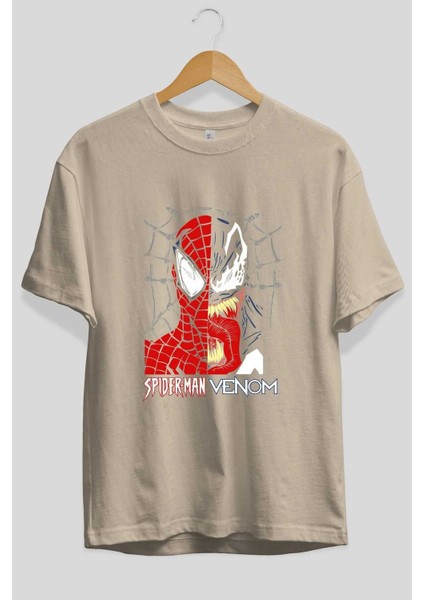 Spiderman Venom Ön Baskılı Bej Oversize T-Shirt Bisiklet Yaka Pamuk Erkek Kadın fiyatları