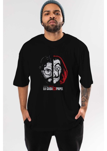 La Casa De Papel (9) Ön Baskılı Siyah Oversize T-Shirt Bisiklet Yaka Erkek Kadın