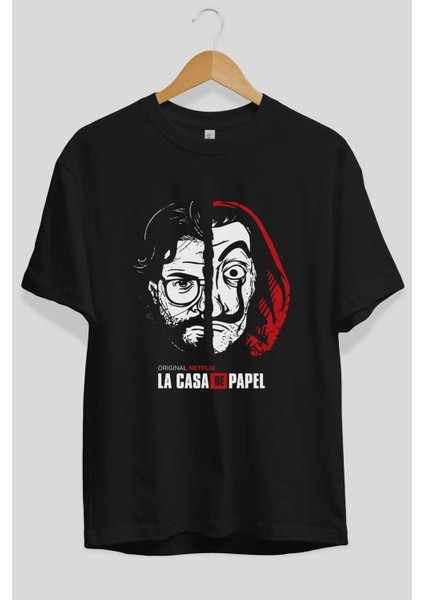La Casa De Papel (9) Ön Baskılı Siyah Oversize T-Shirt Bisiklet Yaka Erkek Kadın