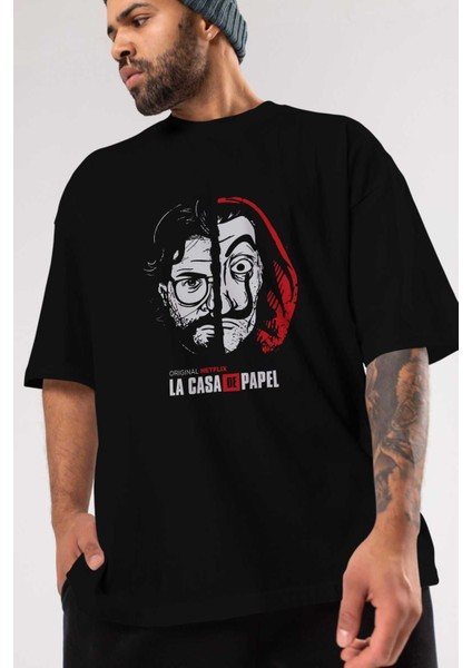 La Casa De Papel (9) Ön Baskılı Siyah Oversize T-Shirt Bisiklet Yaka Erkek Kadın