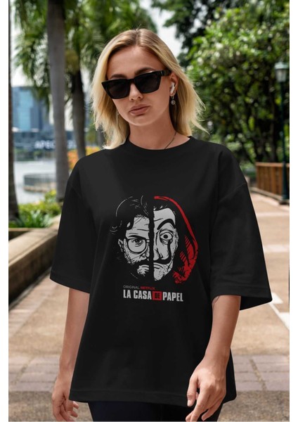 La Casa De Papel (9) Ön Baskılı Siyah Oversize T-Shirt Bisiklet Yaka Erkek Kadın