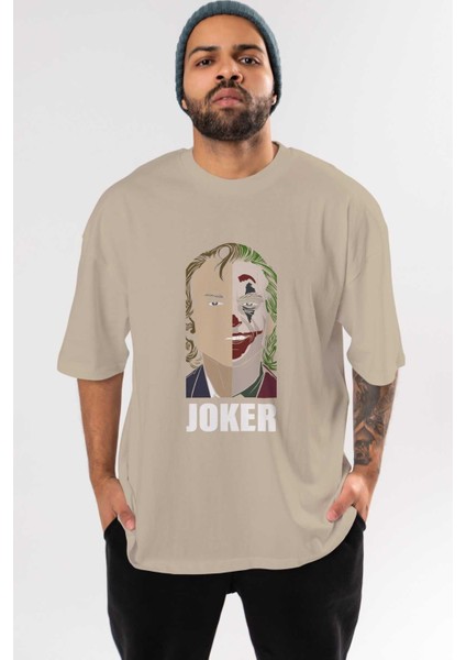 Joker (8) Ön Baskılı Bej Oversize T-Shirt Bisiklet Yaka Pamuk Erkek Kadın