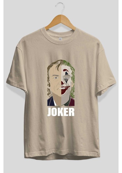 Joker (8) Ön Baskılı Bej Oversize T-Shirt Bisiklet Yaka Pamuk Erkek Kadın fiyatları