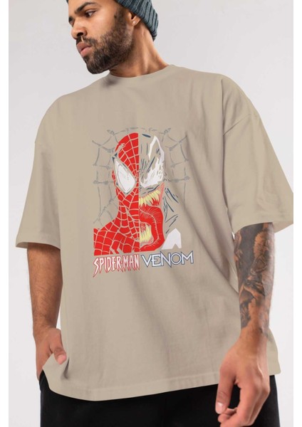 Spiderman Venom Ön Baskılı Bej Oversize T-Shirt Bisiklet Yaka Pamuk Erkek Kadın modelleri