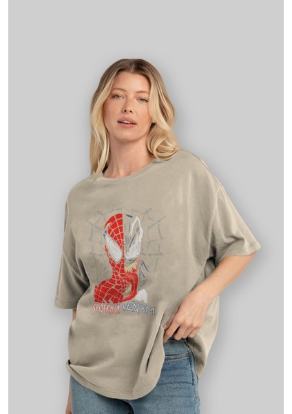 Spiderman Venom Ön Baskılı Bej Oversize T-Shirt Bisiklet Yaka Pamuk Erkek Kadın fırsatları