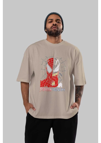 Spiderman Venom Ön Baskılı Bej Oversize T-Shirt Bisiklet Yaka Pamuk Erkek Kadın indirimleri