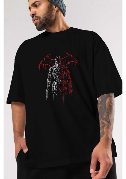 Batman (14) Ön Baskılı Siyah Oversize T-Shirt Bisiklet Yaka Erkek Kadın modelleri