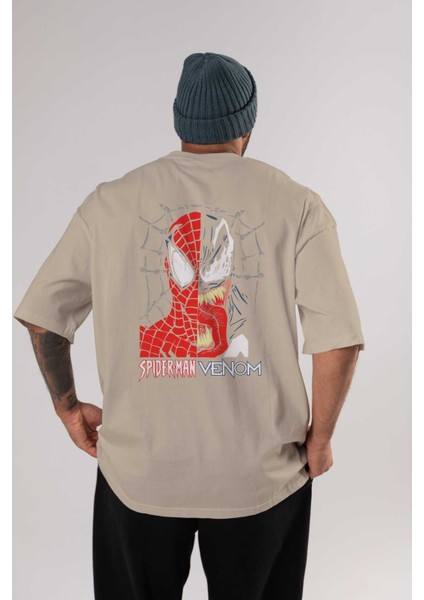 Spiderman Venom Arka Baskılı Bej Oversize T-Shirt Bisiklet Yaka Pamuk Erkek Kadın