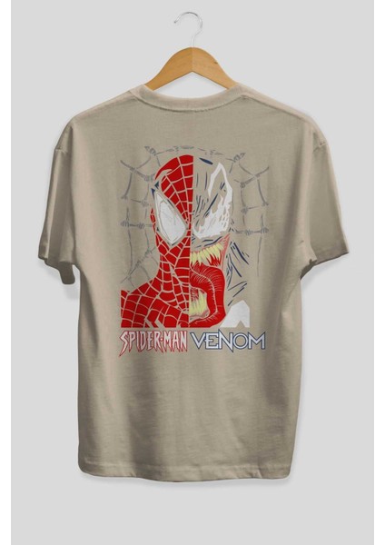 Spiderman Venom Arka Baskılı Bej Oversize T-Shirt Bisiklet Yaka Pamuk Erkek Kadın fiyatları