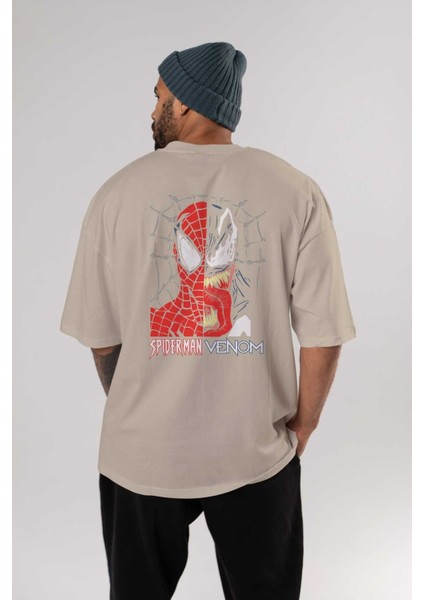 Spiderman Venom Arka Baskılı Bej Oversize T-Shirt Bisiklet Yaka Pamuk Erkek Kadın fırsatları