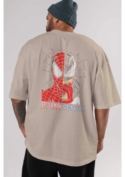 Spiderman Venom Arka Baskılı Bej Oversize T-Shirt Bisiklet Yaka Pamuk Erkek Kadın indirimleri