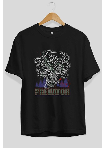 Predator Ön Baskılı Siyah Oversize T-Shirt Bisiklet Yaka Erkek Kadın fiyatları
