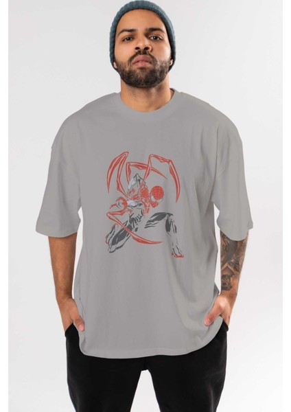 Spiderman (16) Ön Baskılı Gri Oversize T-Shirt Bisiklet Yaka Pamuk Erkek Kadın