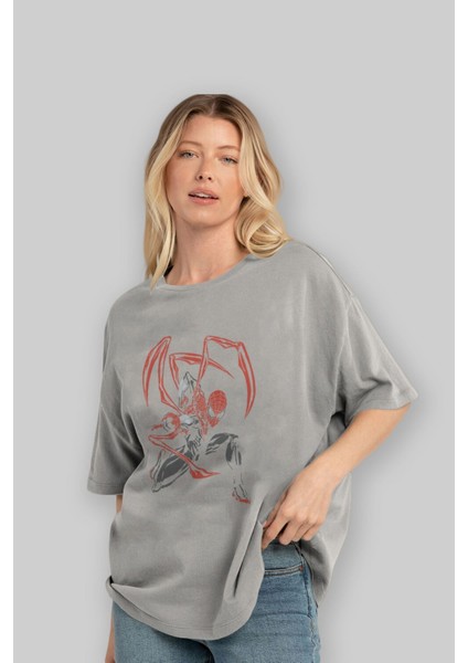 Spiderman (16) Ön Baskılı Gri Oversize T-Shirt Bisiklet Yaka Pamuk Erkek Kadın