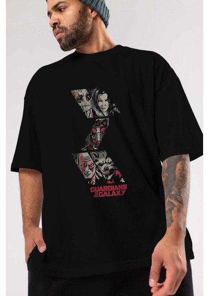 Guardians Of The Galaxy (2) Ön Baskılı Siyah Oversize T-Shirt Bisiklet Yaka Erkek Kadın modelleri