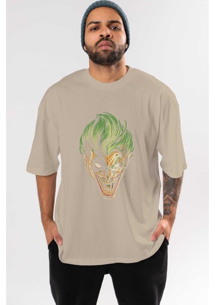 Joker (3) Ön Baskılı Bej Oversize T-Shirt Bisiklet Yaka Pamuk Erkek Kadın