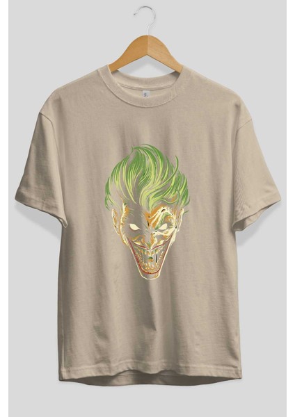 Joker (3) Ön Baskılı Bej Oversize T-Shirt Bisiklet Yaka Pamuk Erkek Kadın fiyatları