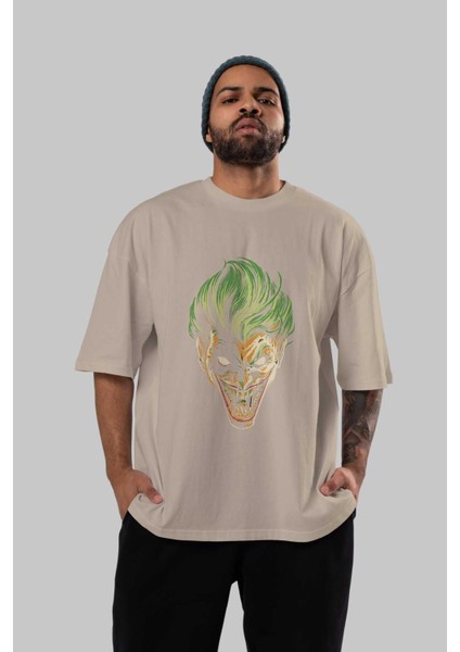 Joker (3) Ön Baskılı Bej Oversize T-Shirt Bisiklet Yaka Pamuk Erkek Kadın indirimleri