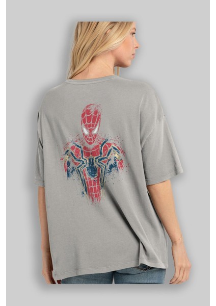 Spiderman (9) Arka Baskılı Gri Oversize T-Shirt Bisiklet Yaka Pamuk Erkek Kadın modelleri
