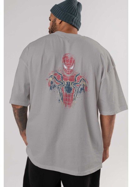 Spiderman (9) Arka Baskılı Gri Oversize T-Shirt Bisiklet Yaka Pamuk Erkek Kadın indirimleri