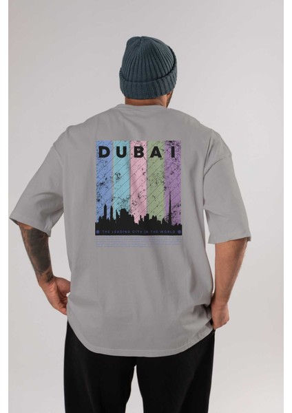 Dubai Yazılı Arka Baskılı Gri Oversize T-Shirt Unisex Erkek Kadın Bisiklet Yaka