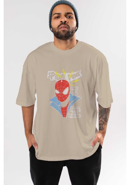 Spiderman (18) Ön Baskılı Bej Oversize T-Shirt Bisiklet Yaka Pamuk Erkek Kadın