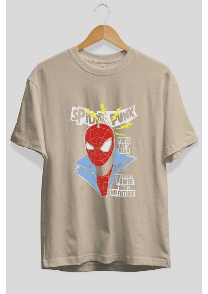 Spiderman (18) Ön Baskılı Bej Oversize T-Shirt Bisiklet Yaka Pamuk Erkek Kadın fiyatları