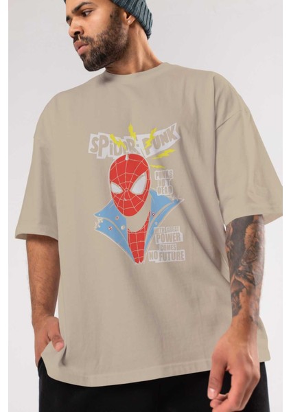 Spiderman (18) Ön Baskılı Bej Oversize T-Shirt Bisiklet Yaka Pamuk Erkek Kadın modelleri