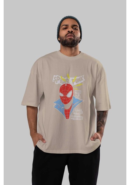 Spiderman (18) Ön Baskılı Bej Oversize T-Shirt Bisiklet Yaka Pamuk Erkek Kadın indirimleri