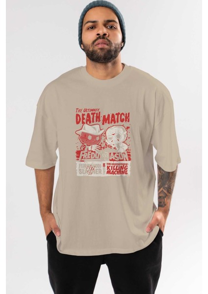 Freddy Vs Jason Ön Baskılı Bej Oversize T-Shirt Bisiklet Yaka Pamuk Erkek Kadın