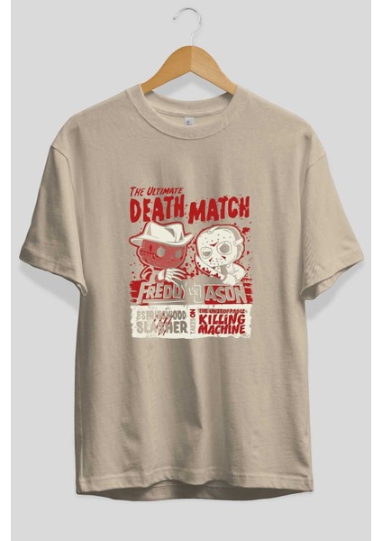 Freddy Vs Jason Ön Baskılı Bej Oversize T-Shirt Bisiklet Yaka Pamuk Erkek Kadın fiyatları