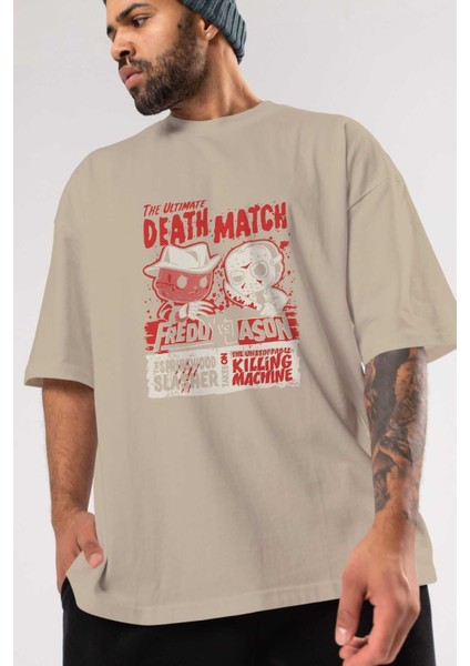 Freddy Vs Jason Ön Baskılı Bej Oversize T-Shirt Bisiklet Yaka Pamuk Erkek Kadın modelleri