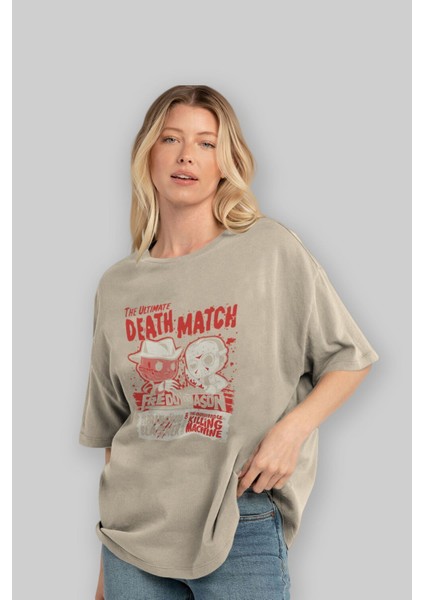 Freddy Vs Jason Ön Baskılı Bej Oversize T-Shirt Bisiklet Yaka Pamuk Erkek Kadın fırsatları