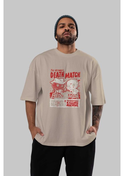 Freddy Vs Jason Ön Baskılı Bej Oversize T-Shirt Bisiklet Yaka Pamuk Erkek Kadın indirimleri