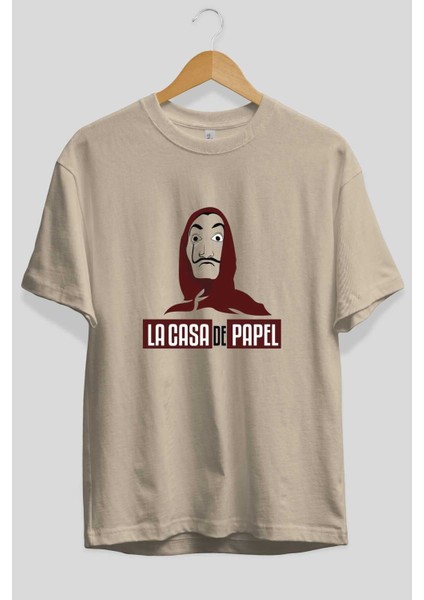 La Casa De Papel (1) Ön Baskılı Bej Oversize T-Shirt Bisiklet Yaka Pamuk Erkek Kadın fiyatları
