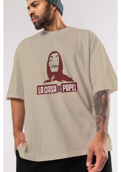 La Casa De Papel (1) Ön Baskılı Bej Oversize T-Shirt Bisiklet Yaka Pamuk Erkek Kadın modelleri