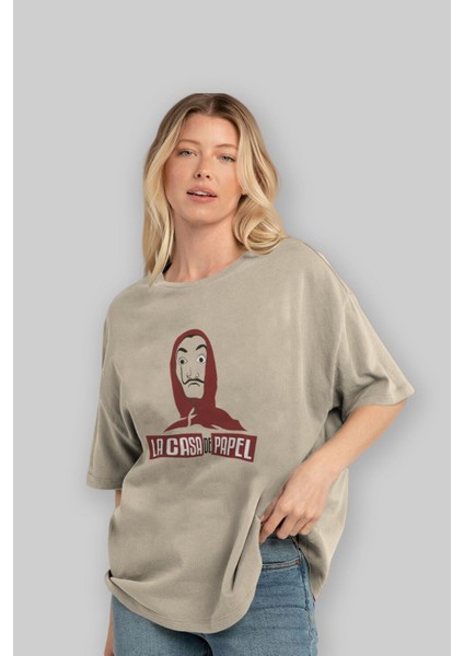 La Casa De Papel (1) Ön Baskılı Bej Oversize T-Shirt Bisiklet Yaka Pamuk Erkek Kadın fırsatları