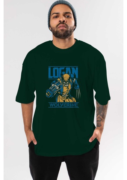 Wolverine Logan Ön Baskılı Zümrüt Yeşili Oversize T-Shirt Bisiklet Yaka Pamuk Erkek Kadın